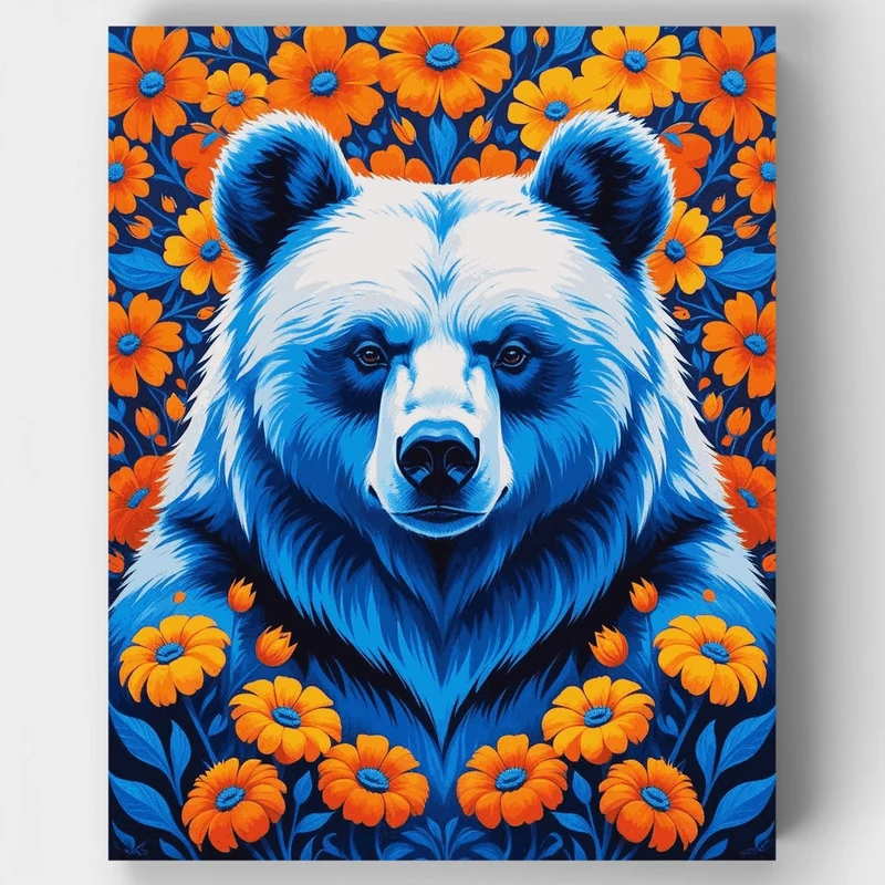 Blue Bear with Orange Flowers - Paint by Numbers Kit