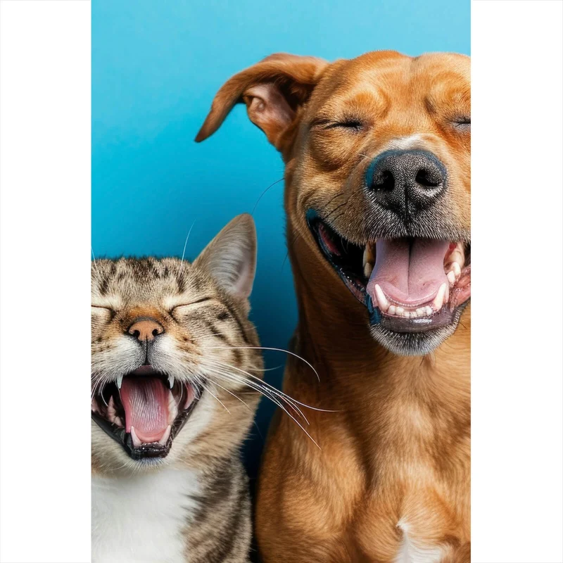 Spannrahmenbild Lachende Tiere vor blauen Hintergrund Hochformat