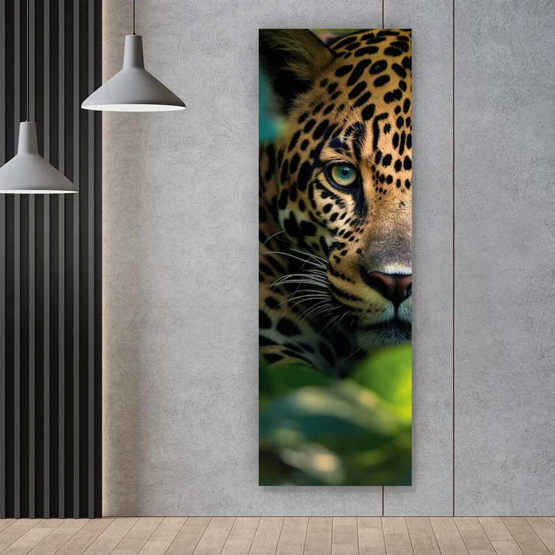 Aluminiumbild gebürstet Beeindruckendes Leoparden Porträt im Dschungel Panorama Hoch