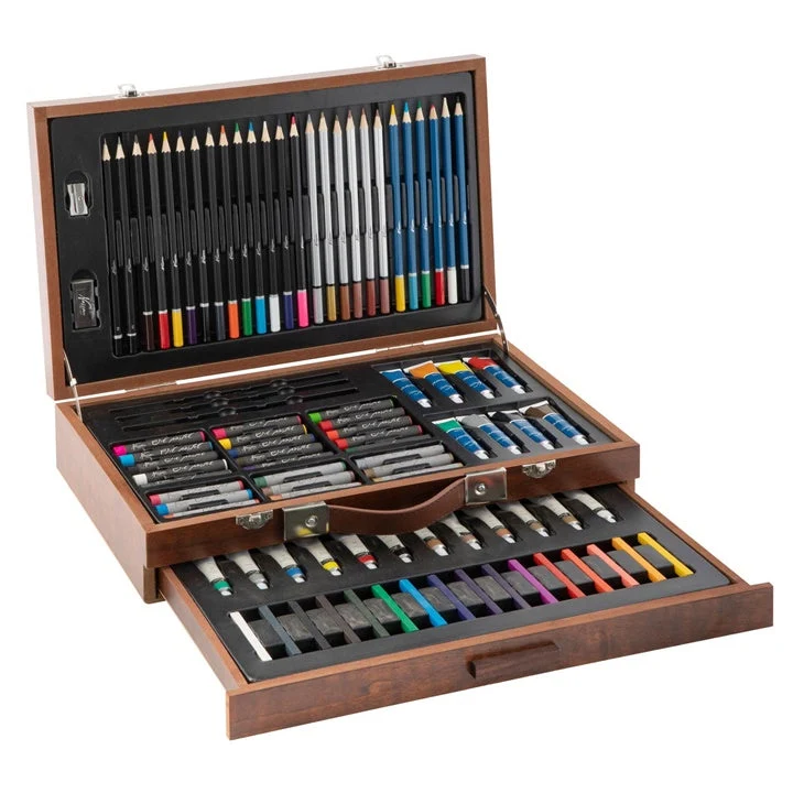 Mixed Media Art Set in a Wooden Case, 91 Pieces