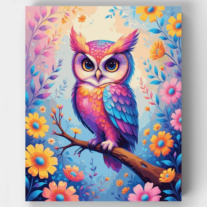 Vibrant Rainbow Owl in Floral Garden - Paint by Numbers Kit