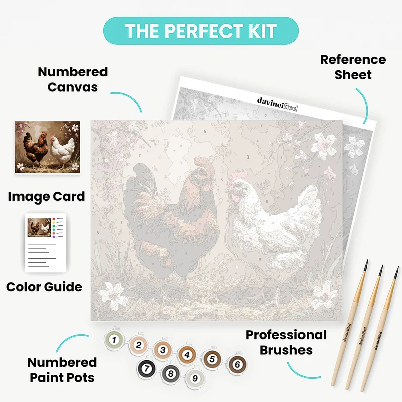 Rooster and Hen with Cherry Blossoms - Paint by Numbers Kit