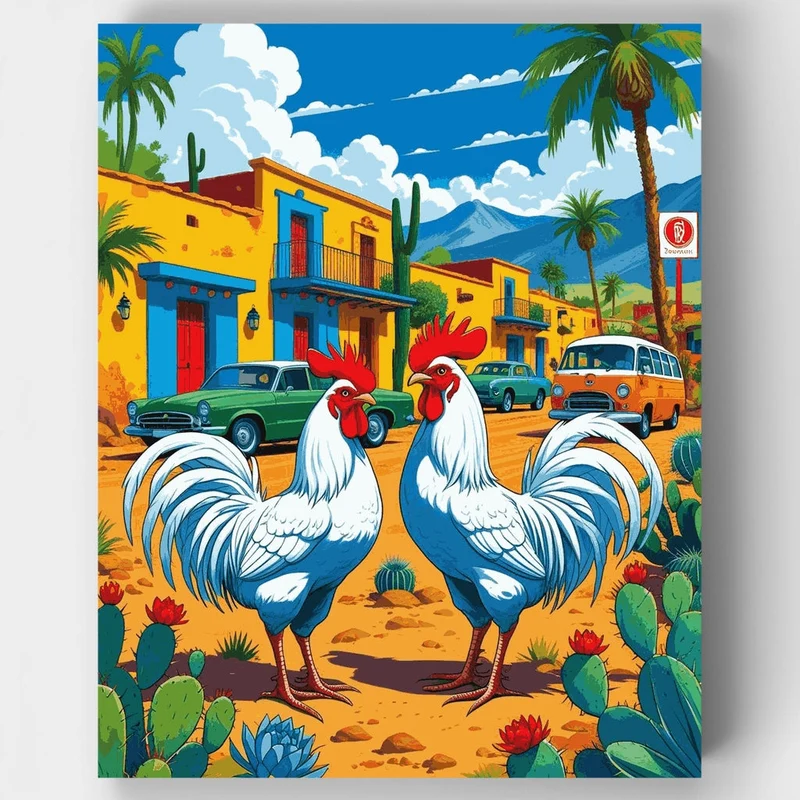 Mexican Village Roosters - Paint by Numbers Kit