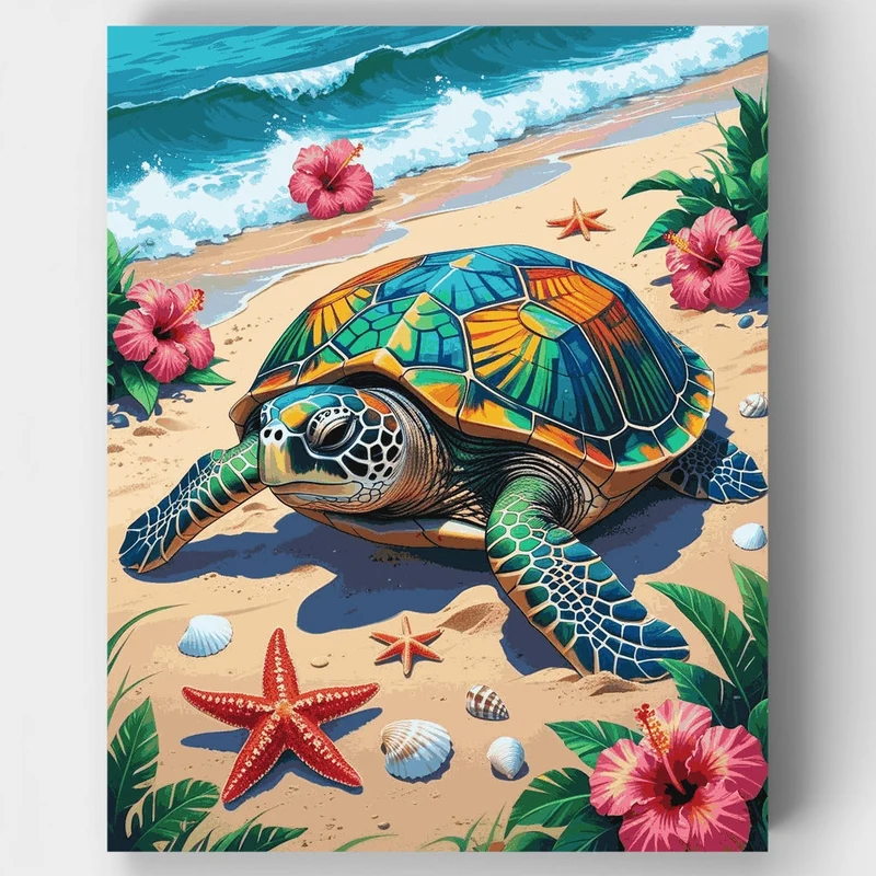 Vibrant Sea Turtle on Tropical Beach - Paint by Numbers Kit