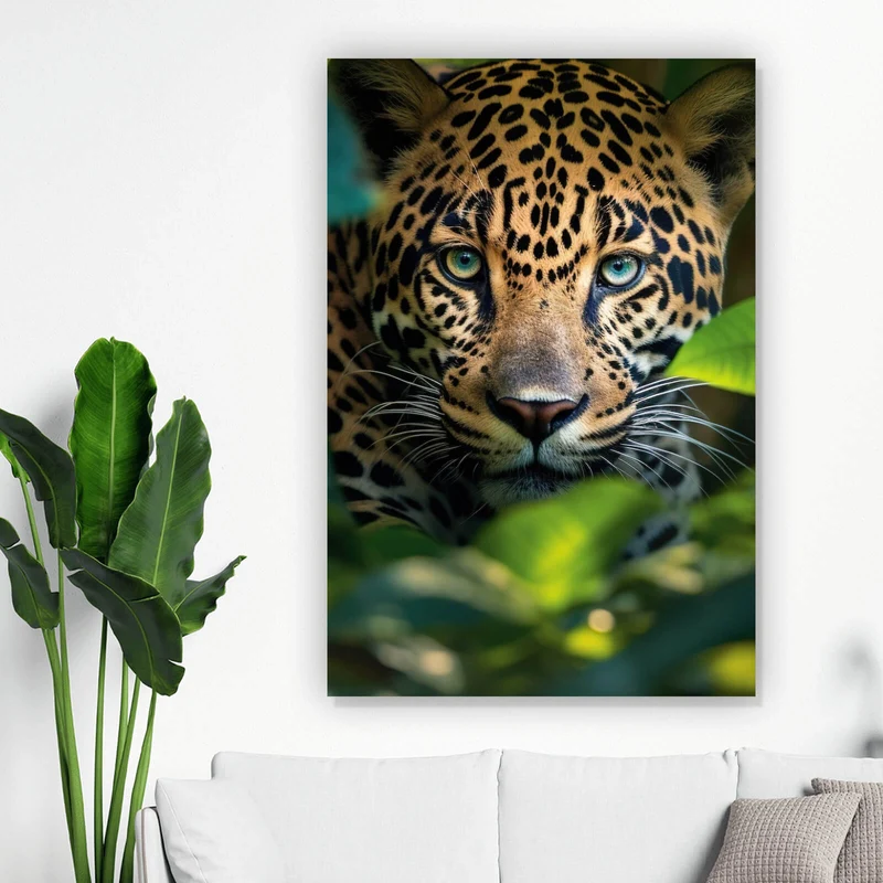 Aluminiumbild gebürstet Beeindruckendes Leoparden Porträt im Dschungel Hochformat