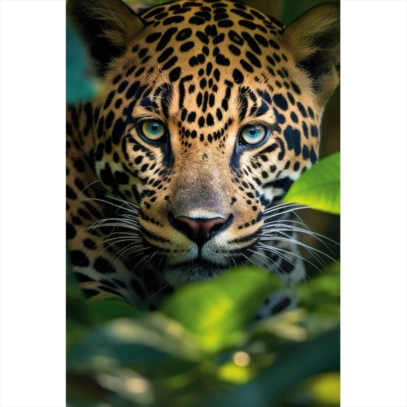 Aluminiumbild Beeindruckendes Leoparden Porträt im Dschungel Hochformat