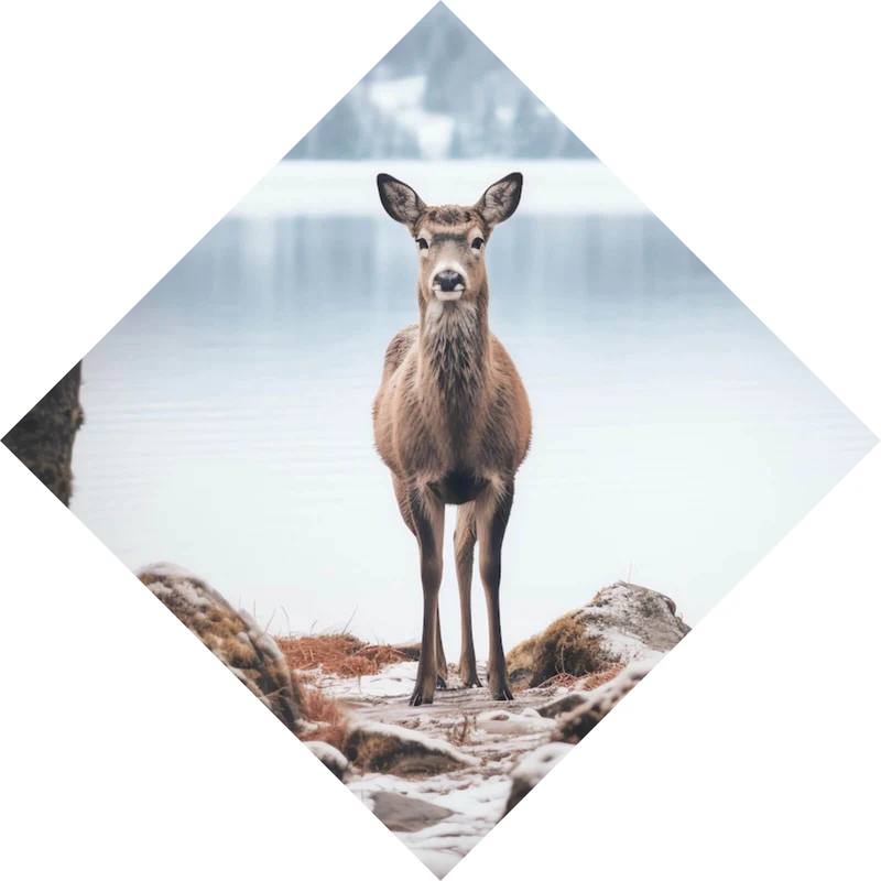 Aluminiumbild Rehe am ruhigen Seeufer betrachten Raute