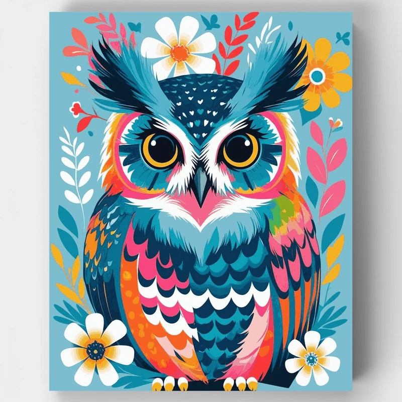 Vibrant Owl with Floral Blooms - Paint by Numbers Kit