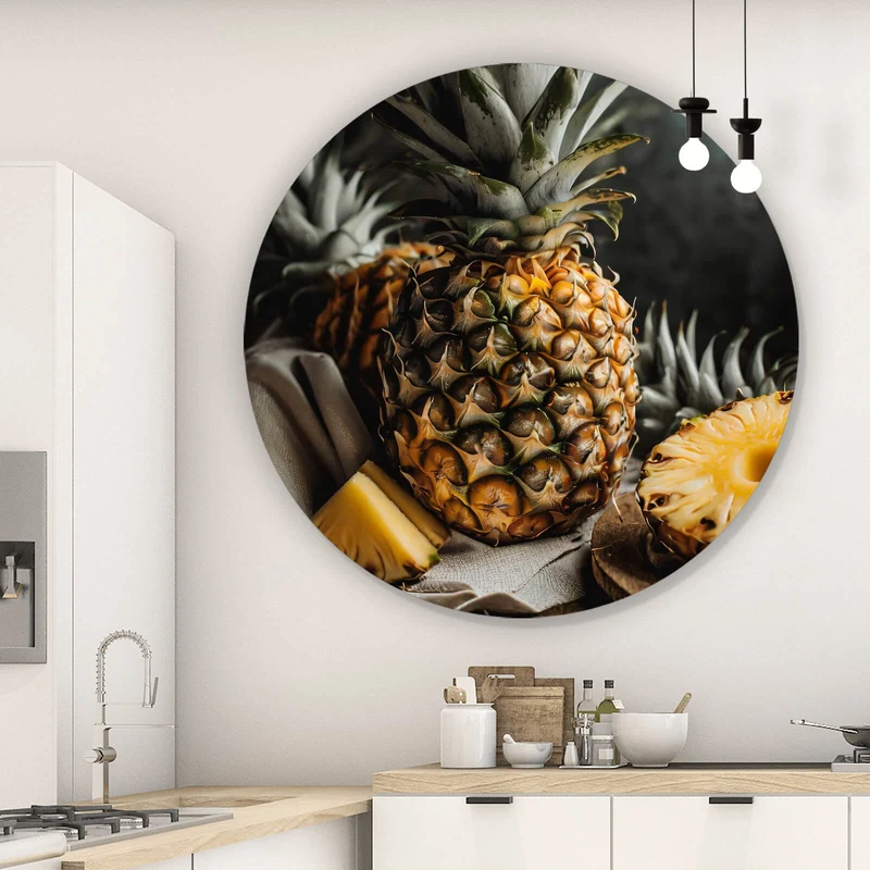 Aluminiumbild Fruchtige Ananas auf Leinentuch Kreis