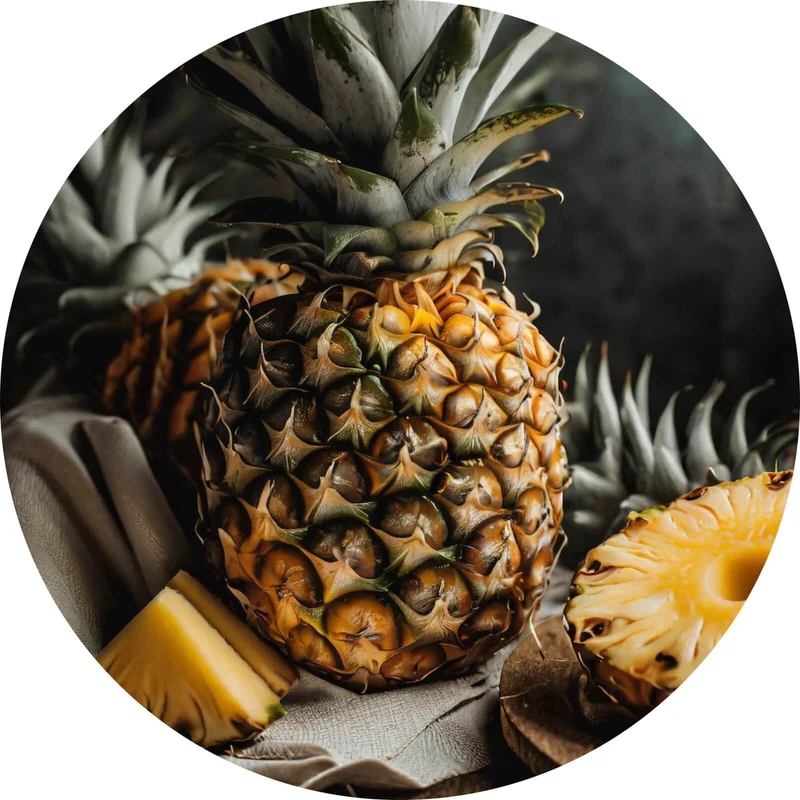 Aluminiumbild Fruchtige Ananas auf Leinentuch Kreis