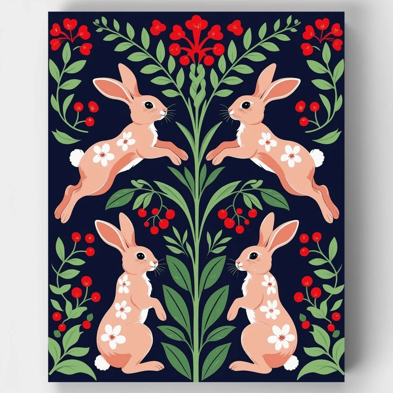 Folk Art Rabbits with Floral Symmetry - Paint by Numbers Kit