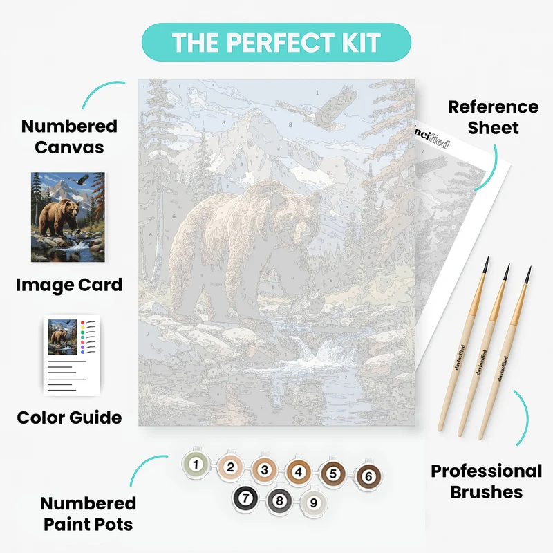 Majestic Grizzly Bear Fishing in Mountain Wilderness - Paint by Numbers Kit