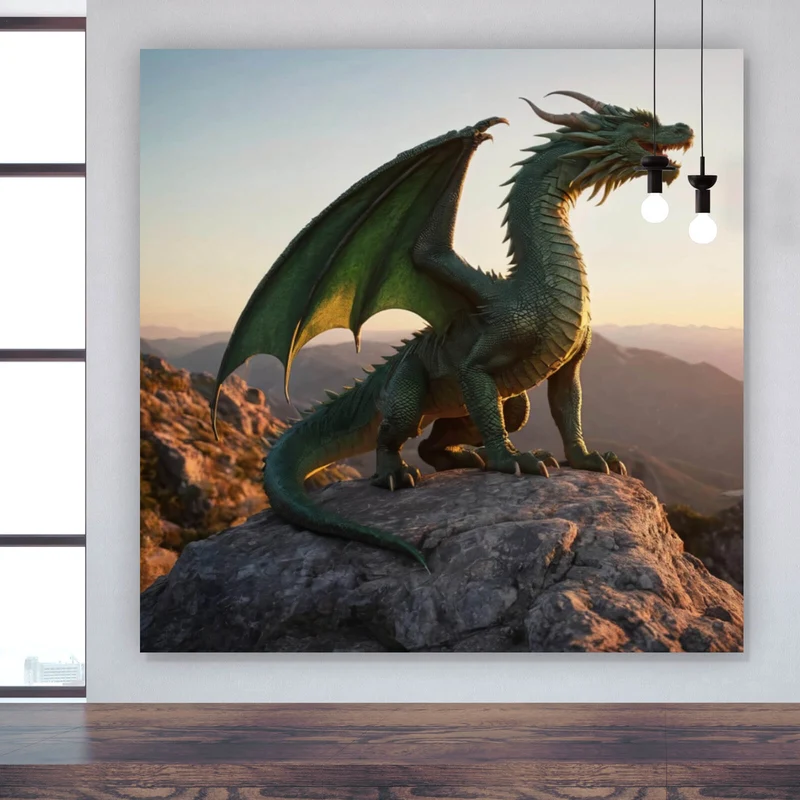 Spannrahmenbild Majestätischer Drache auf Felsen Quadrat