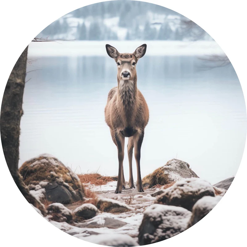 Aluminiumbild Rehe am ruhigen Seeufer betrachten Kreis