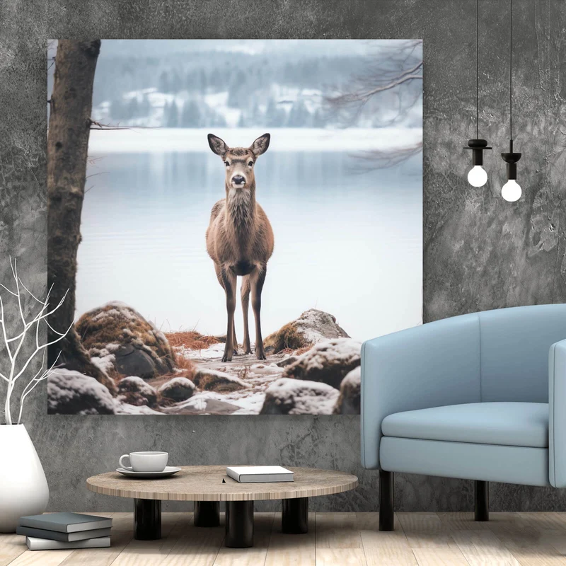 Acrylglasbild Rehe am ruhigen Seeufer betrachten Quadrat
