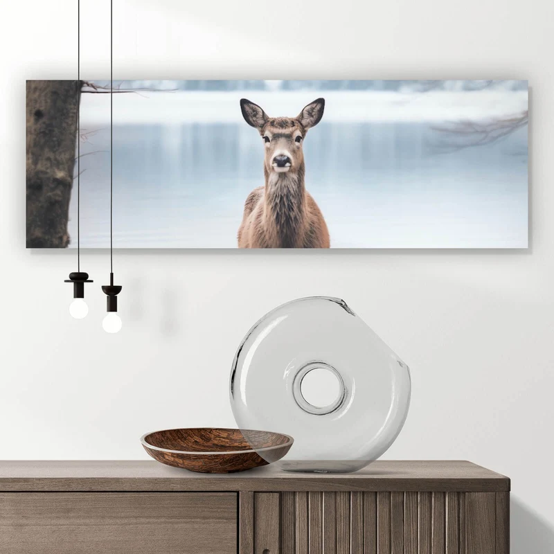 Acrylglasbild Rehe am ruhigen Seeufer betrachten Panorama