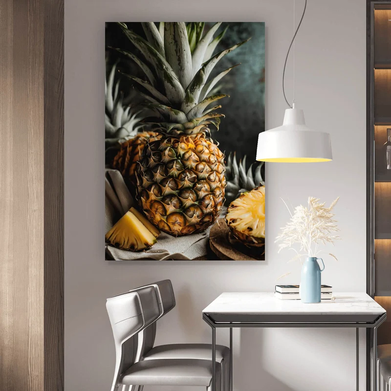 Acrylglasbild Fruchtige Ananas auf Leinentuch Hochformat