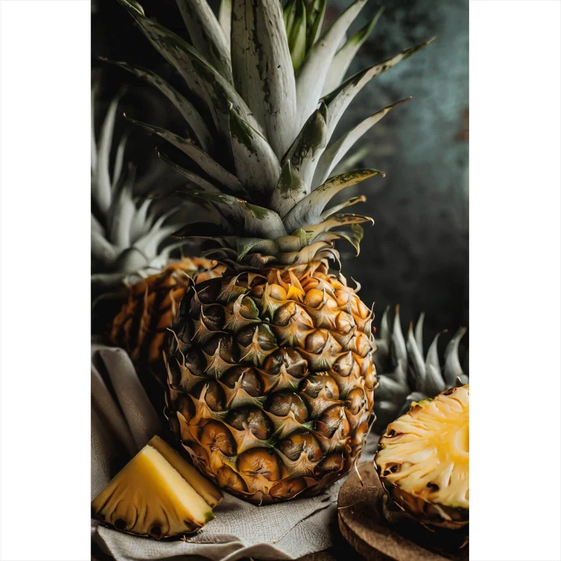 Aluminiumbild gebürstet Fruchtige Ananas auf Leinentuch Hochformat