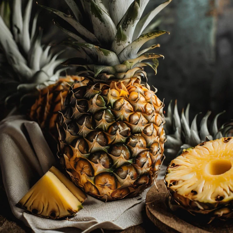 Aluminiumbild gebürstet Fruchtige Ananas auf Leinentuch Quadrat