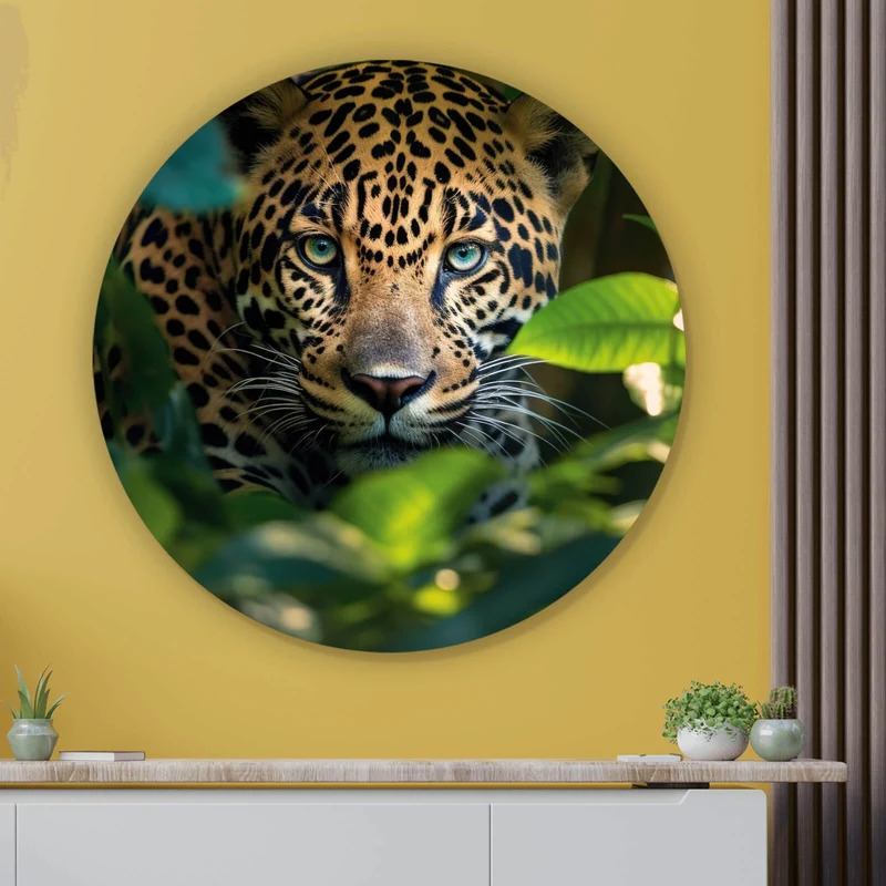 Aluminiumbild Beeindruckendes Leoparden Porträt im Dschungel Kreis