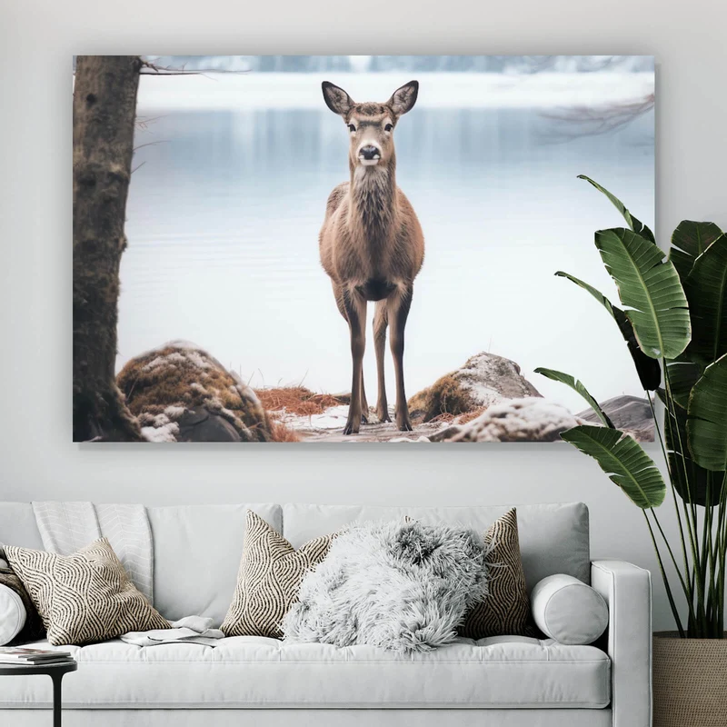 Acrylglasbild Rehe am ruhigen Seeufer betrachten Querformat