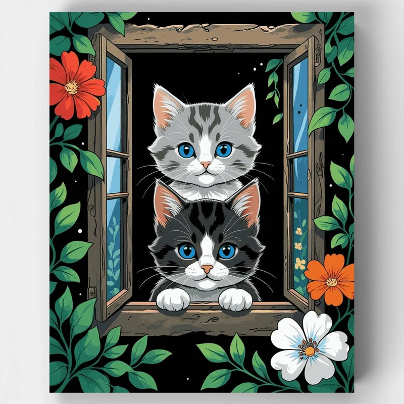 Two Adorable Kittens at Window - Paint by Numbers Kit