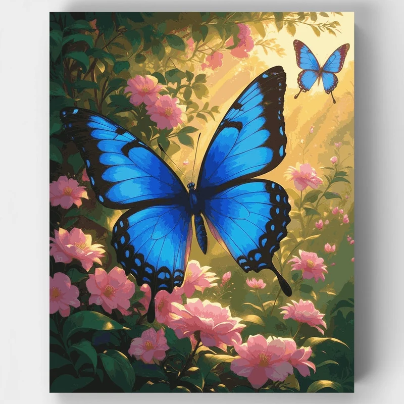 Blue Morpho Butterflies in Garden - Paint by Numbers Kit