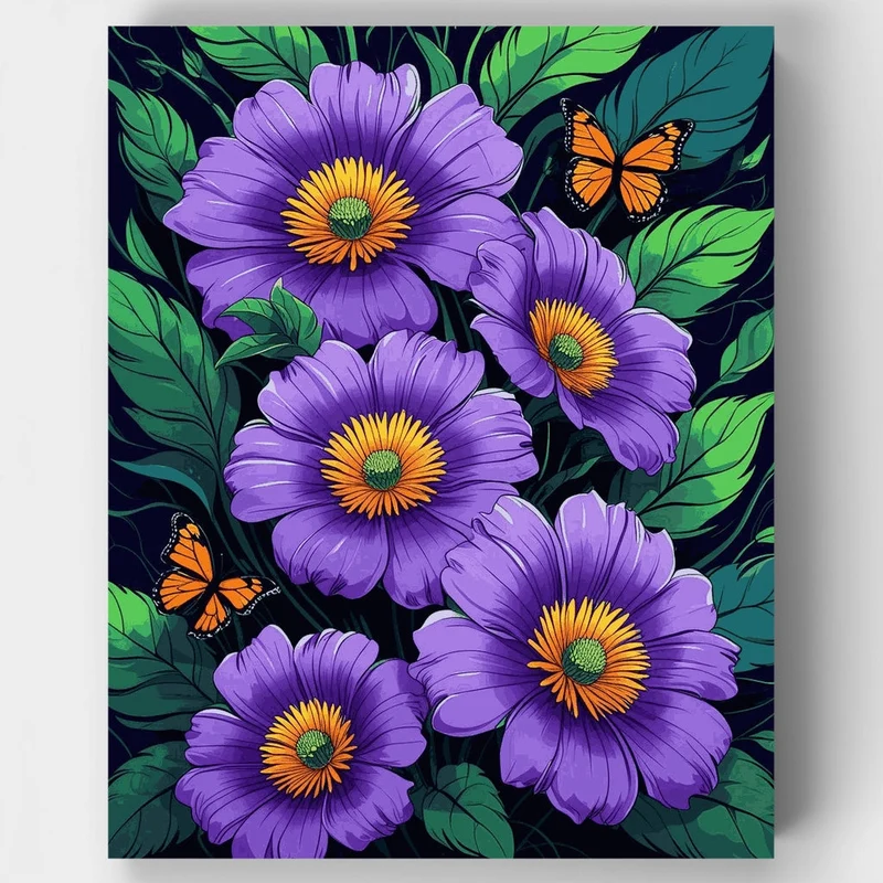 Purple Flowers with Orange Butterflies - Paint by Numbers Kit