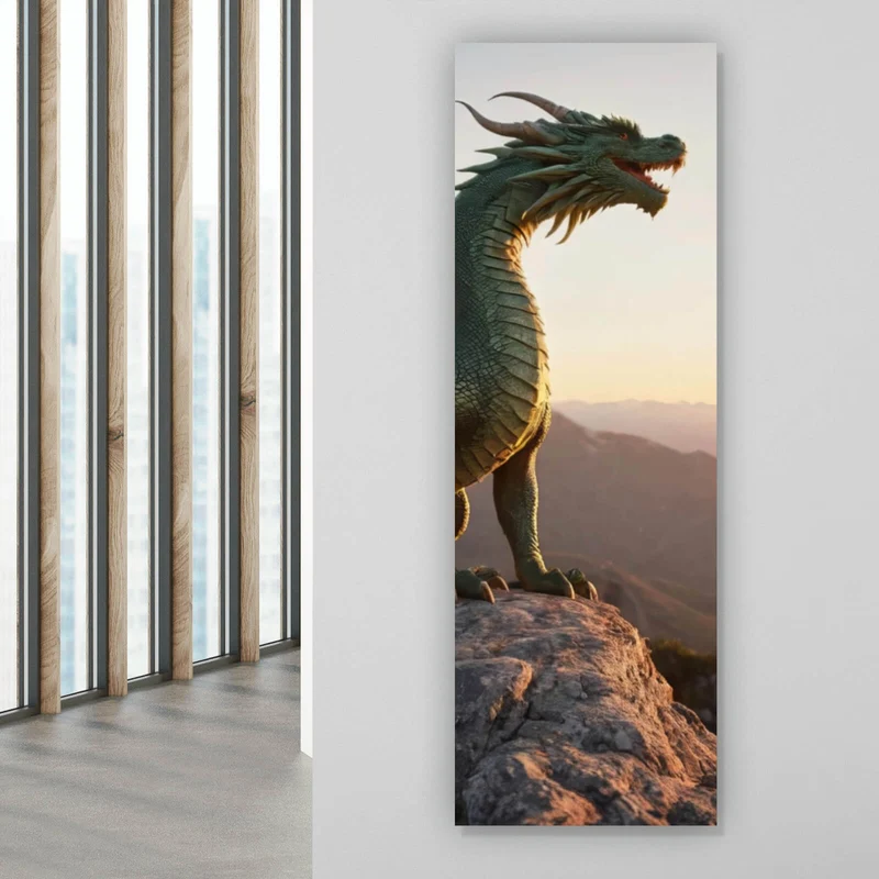 Leinwandbild Majestätischer Drache auf Felsen Panorama Hoch