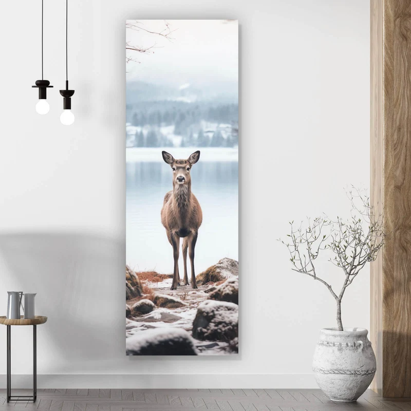 Acrylglasbild Rehe am ruhigen Seeufer betrachten Panorama Hoch