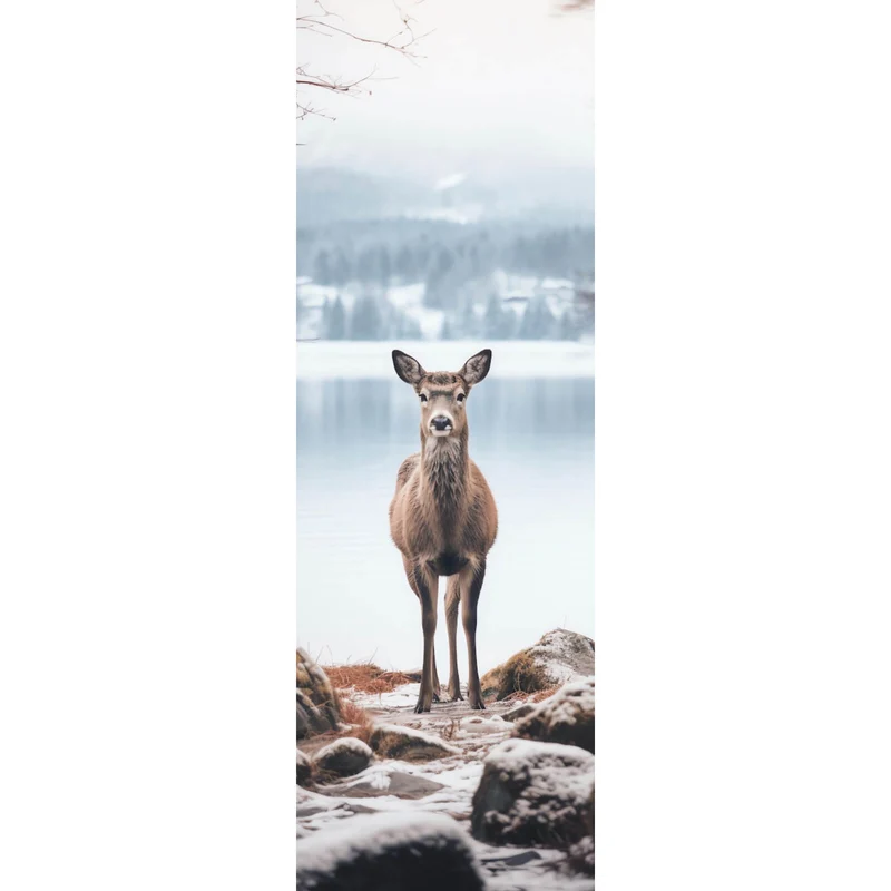 Poster Rehe am ruhigen Seeufer betrachten Panorama Hoch