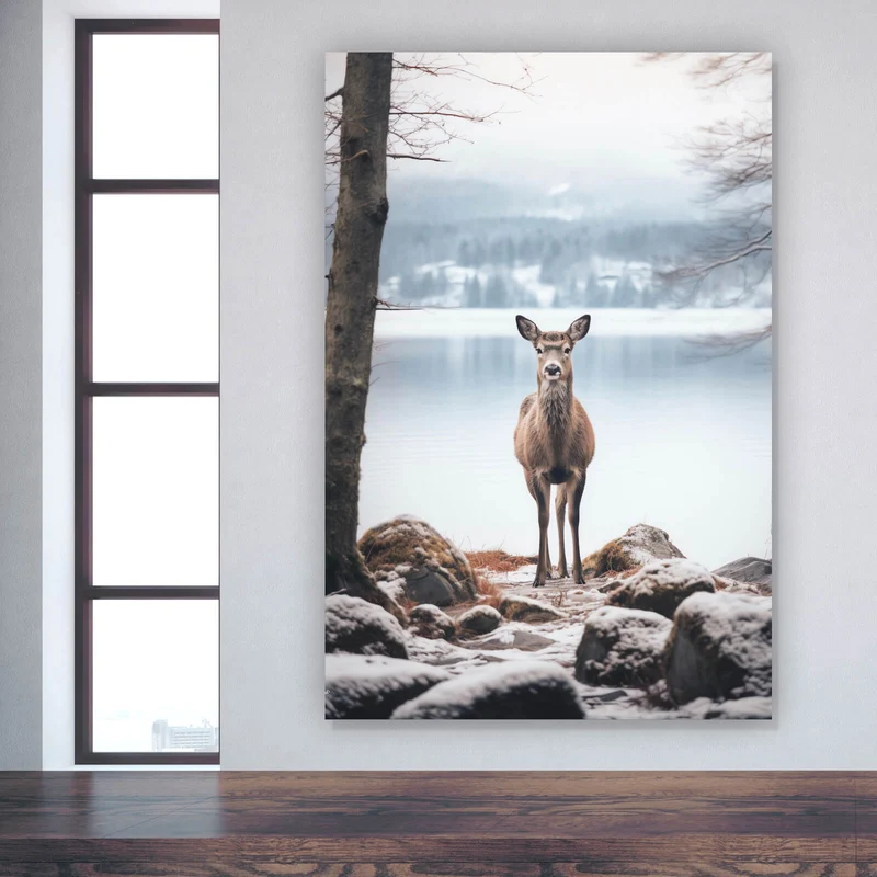 Spannrahmenbild Rehe am ruhigen Seeufer betrachten Hochformat