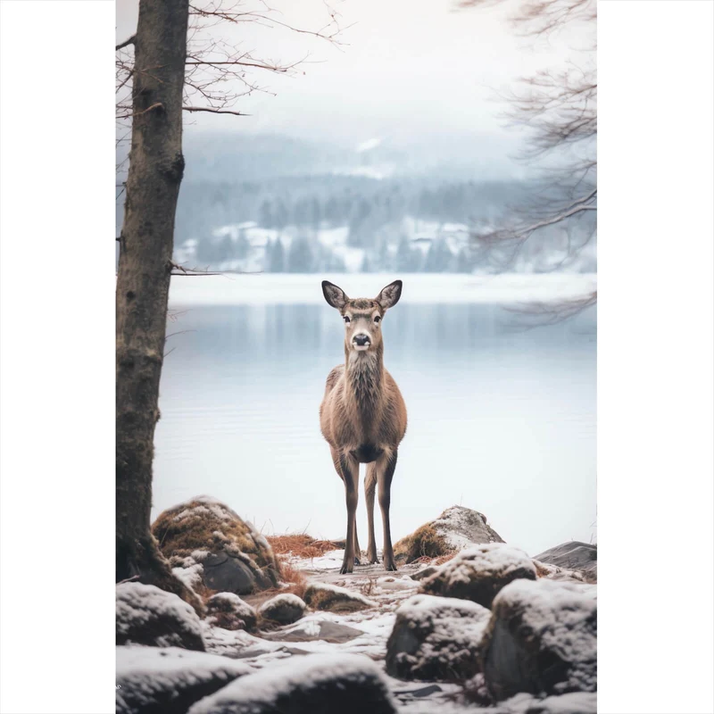 Aluminiumbild Rehe am ruhigen Seeufer betrachten Hochformat
