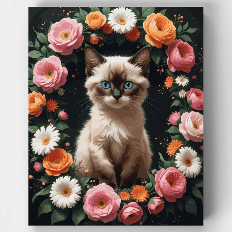 Siamese Cat with Floral Wreath - Paint by Numbers Kit