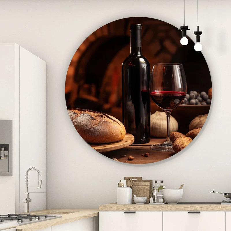 Aluminiumbild gebürstet Brot Wein bei Kerzenlicht Ambiente Kreis