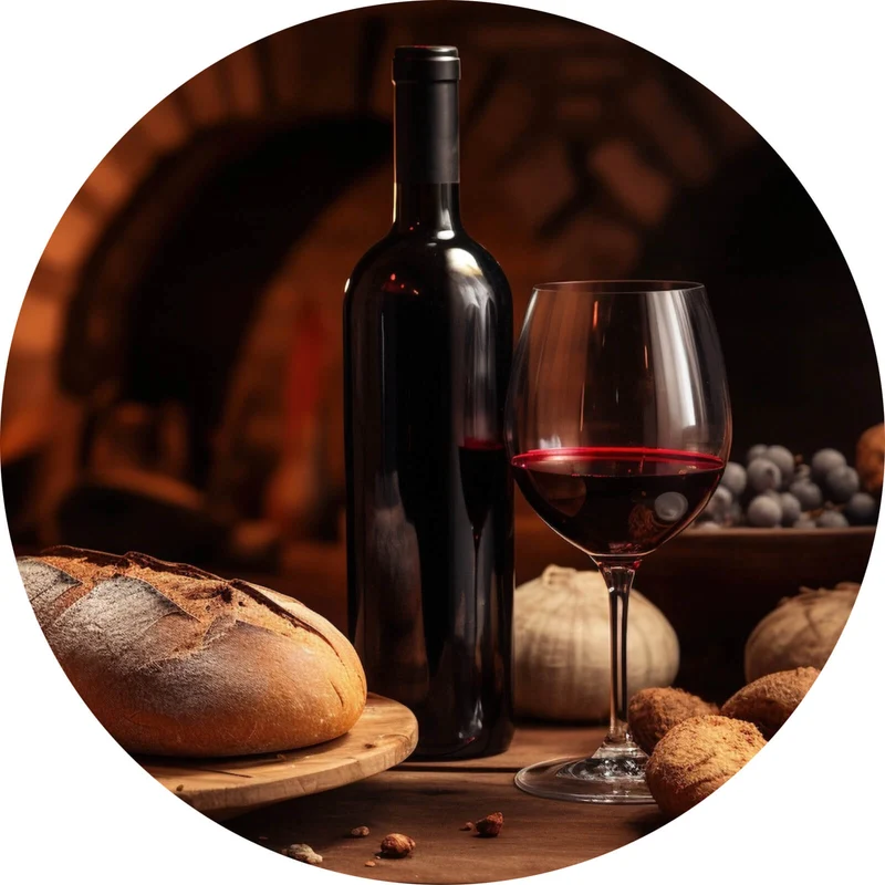 Aluminiumbild gebürstet Brot Wein bei Kerzenlicht Ambiente Kreis