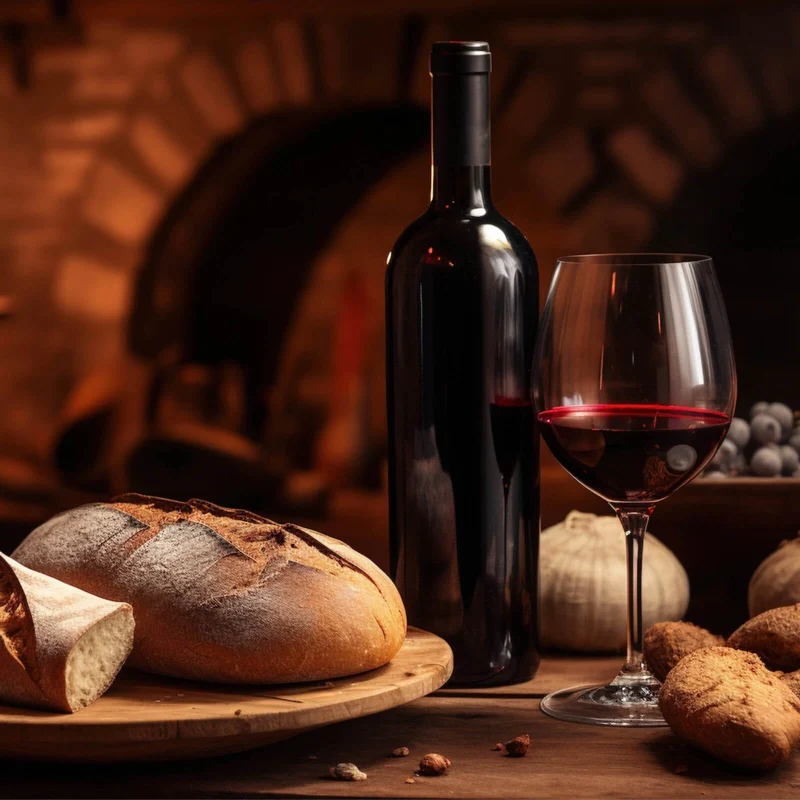 Aluminiumbild gebürstet Brot Wein bei Kerzenlicht Ambiente Quadrat