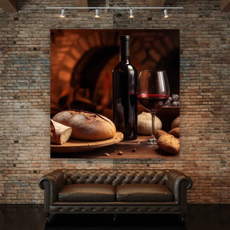 Leinwandbild Brot Wein bei Kerzenlicht Ambiente Quadrat
