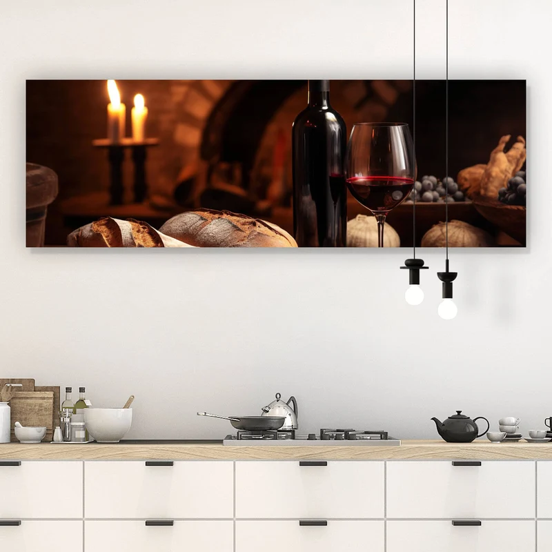 Spannrahmenbild Brot Wein bei Kerzenlicht Ambiente Panorama