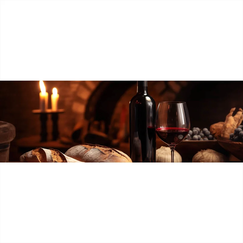 Aluminiumbild Brot Wein bei Kerzenlicht Ambiente Panorama