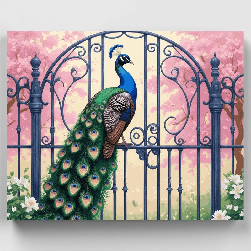 Majestic Peacock on Ornate Garden Gate - Paint by Numbers Kit