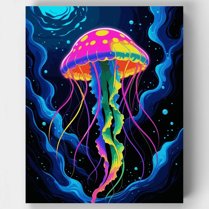 Psychedelic Rainbow Jellyfish in Deep Ocean - Paint by Numbers Kit