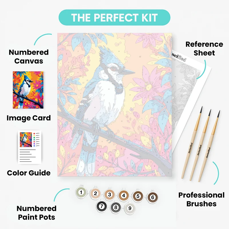Vibrant Blue Jay in Blooming Garden - Paint by Numbers Kit