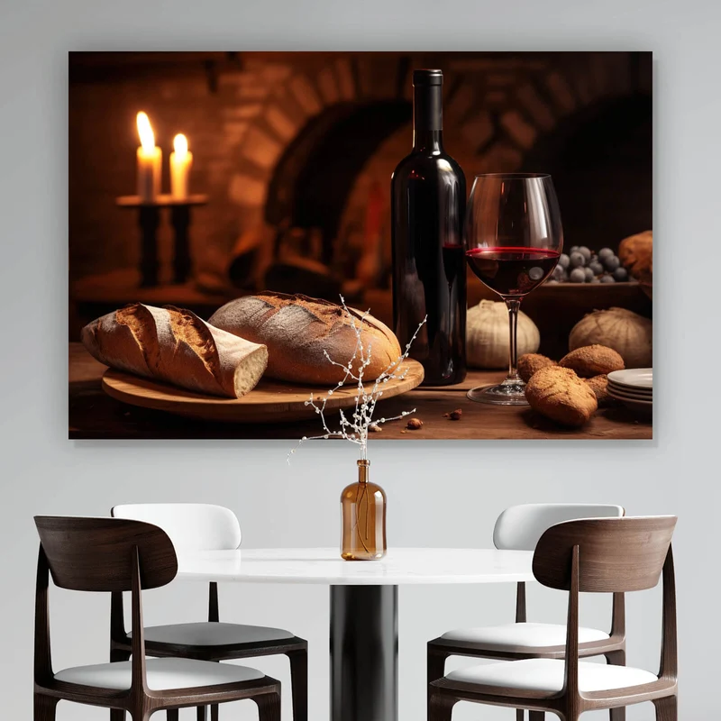Leinwandbild Brot Wein bei Kerzenlicht Ambiente Querformat