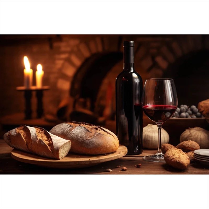 Leinwandbild Brot Wein bei Kerzenlicht Ambiente Querformat