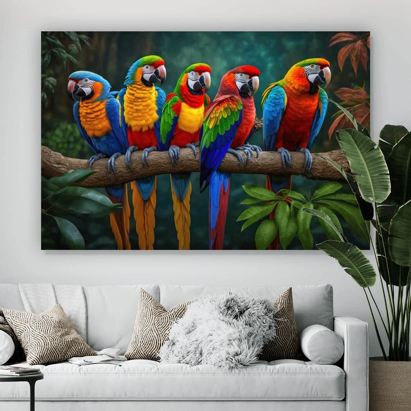 Acrylglasbild Exotische Papageien auf Ast sitzend Querformat