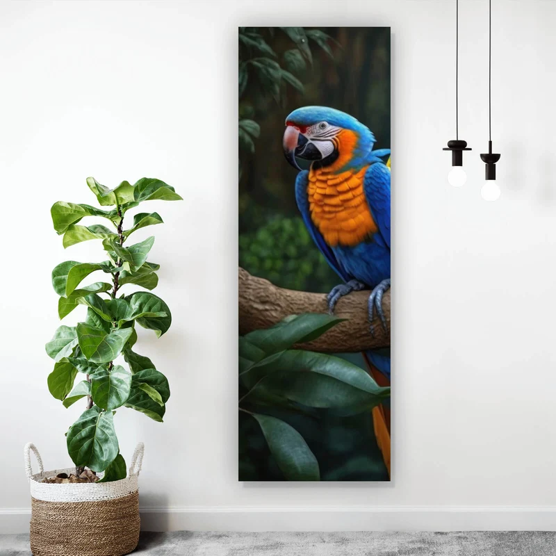Spannrahmenbild Exotische Papageien auf Ast sitzend Panorama Hoch