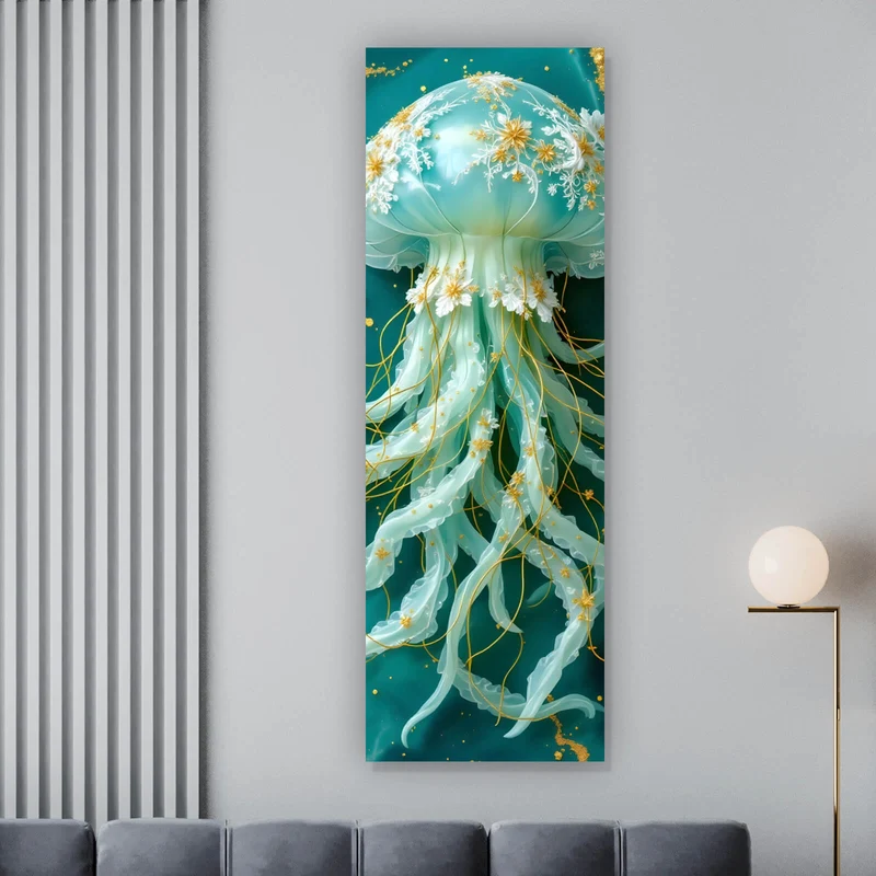 Spannrahmenbild Edles Quallenmotiv mit floralen Details Panorama Hoch