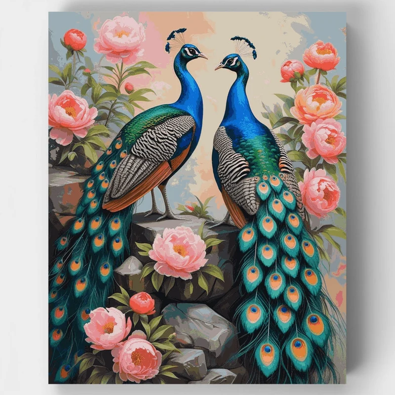 Majestic Peacocks with Pink Peonies - Paint by Numbers Kit