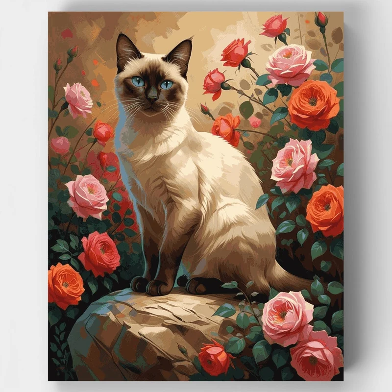 Siamese Cat Among Roses - Paint by Numbers Kit